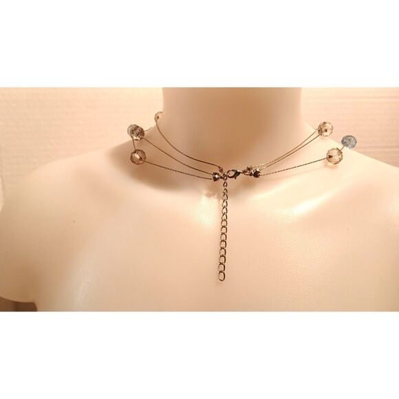 Elegant Silver-Tone Metal Layered Necklace with Chain Smoky and Blue Crystals - Picture 8 of 10